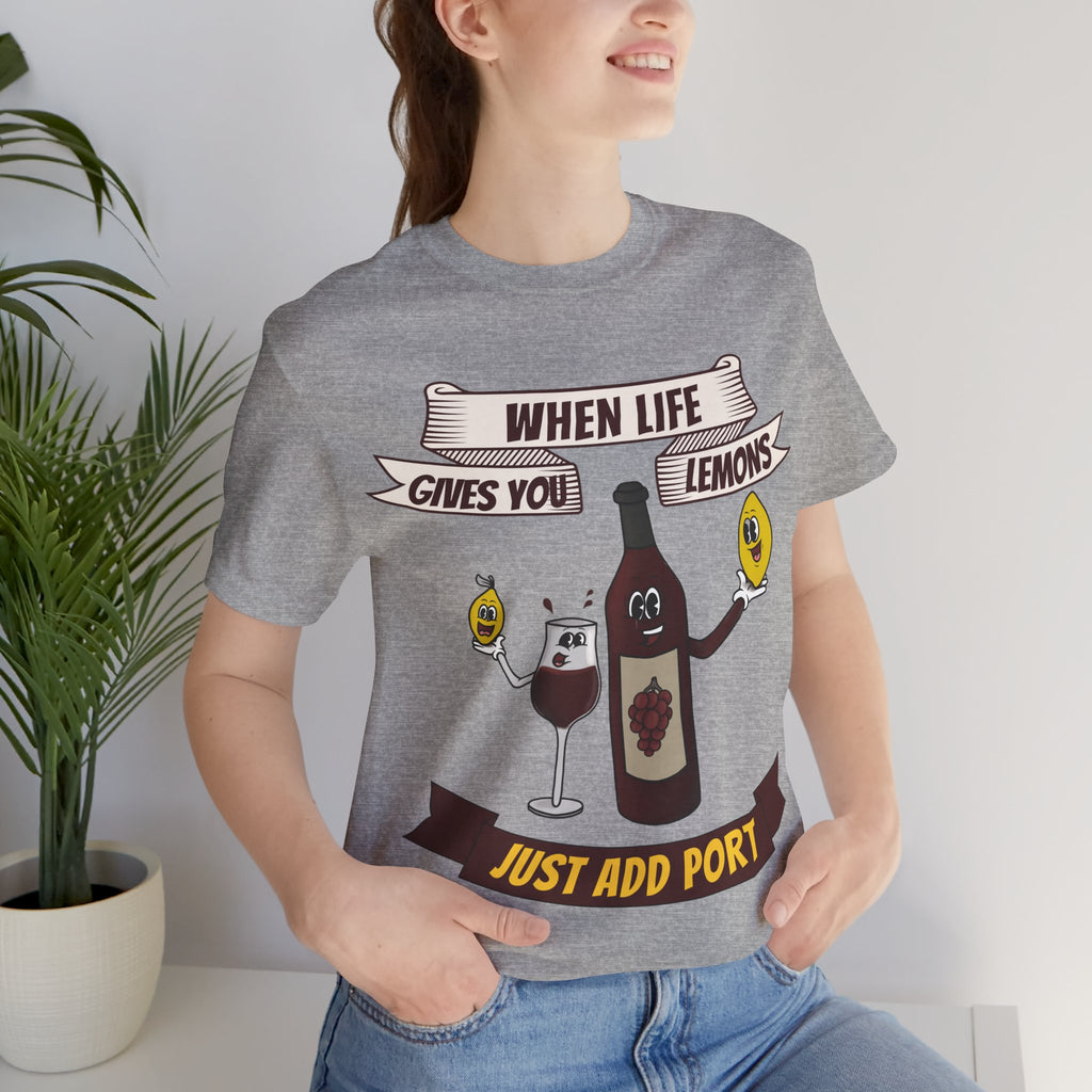 When Life Gives You Lemons, Just Add Port T-Shirt: Whimsical Wine Illustration, Humorous Beverage Concept Art