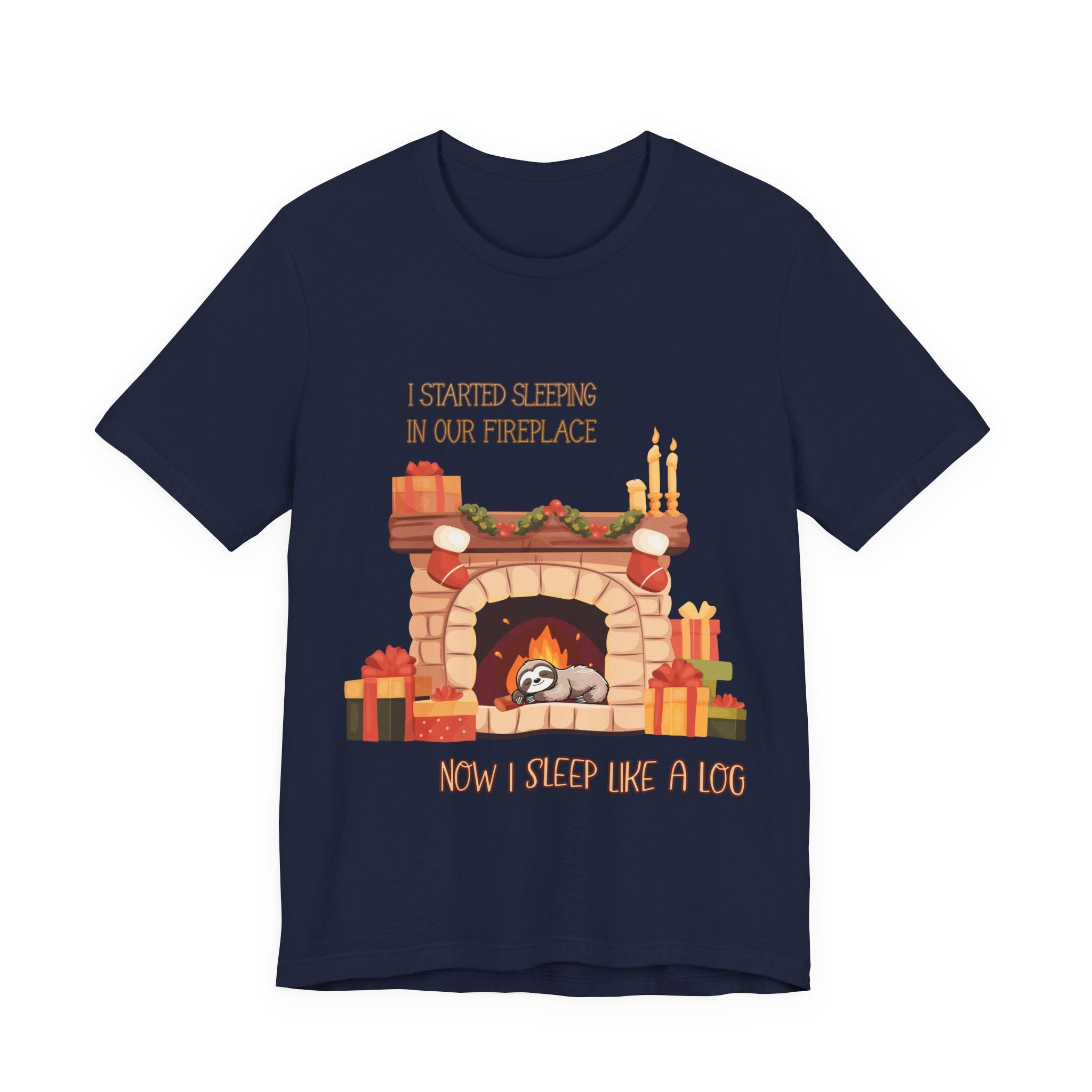 Now I Sleep Like a Log T-Shirt: Cozy Fireplace Slumber, Whimsical Christmas Illustration