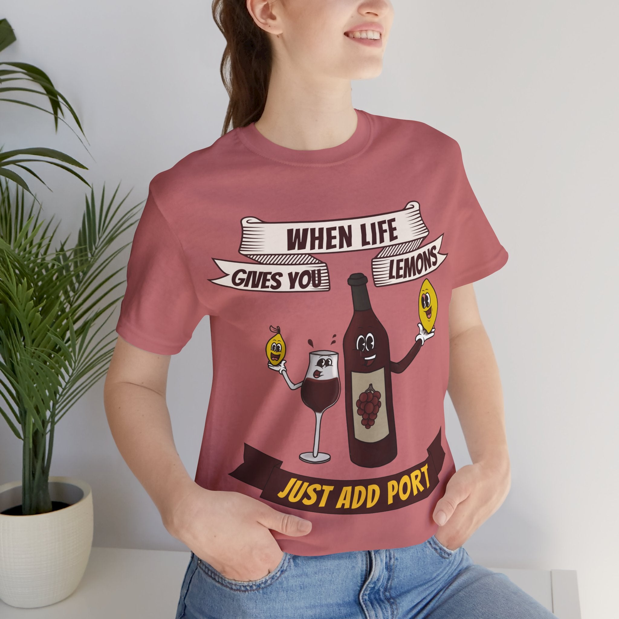 When Life Gives You Lemons, Just Add Port T-Shirt: Whimsical Wine Illustration, Humorous Beverage Concept Art