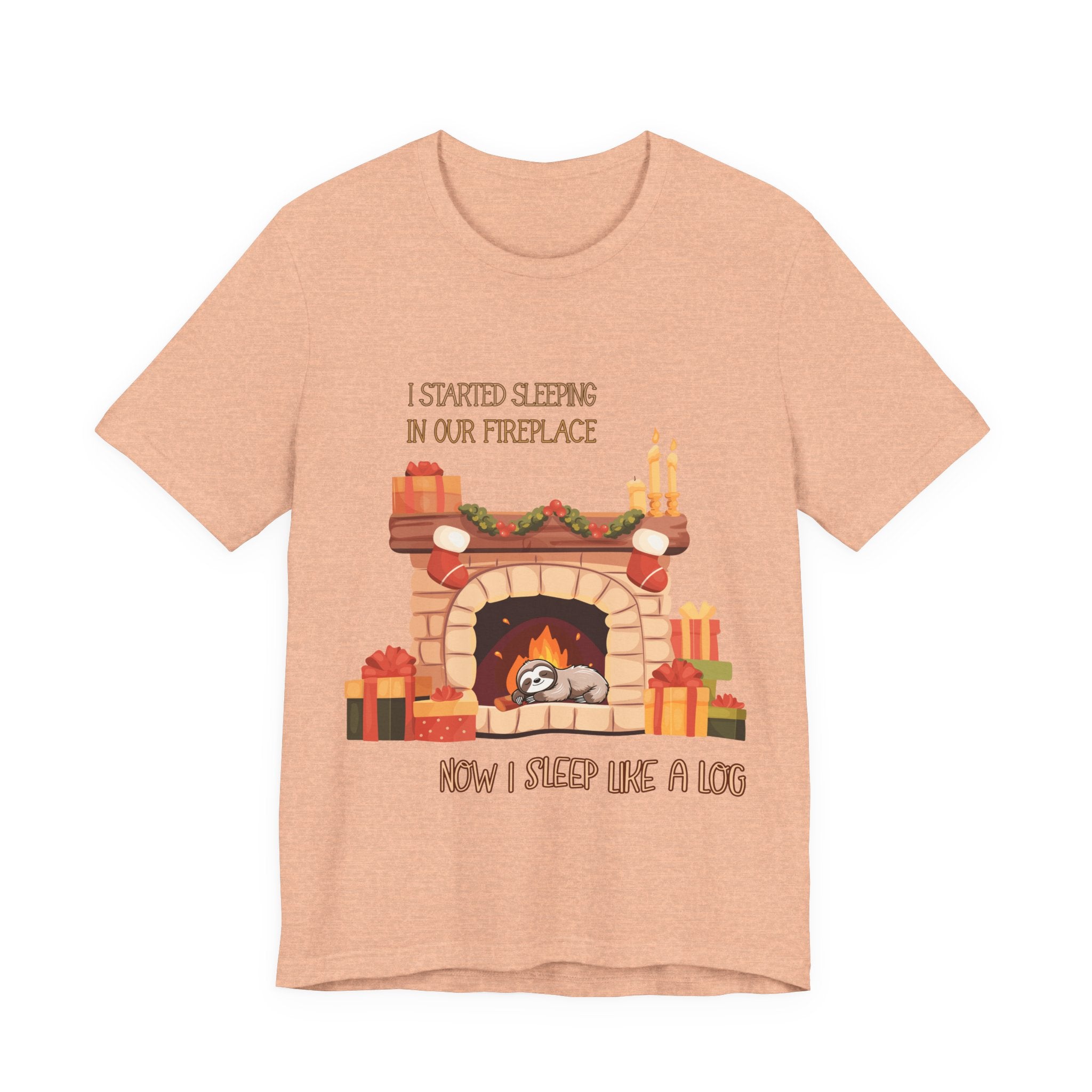 Now I Sleep Like a Log T-Shirt: Cozy Fireplace Slumber, Whimsical Christmas Illustration