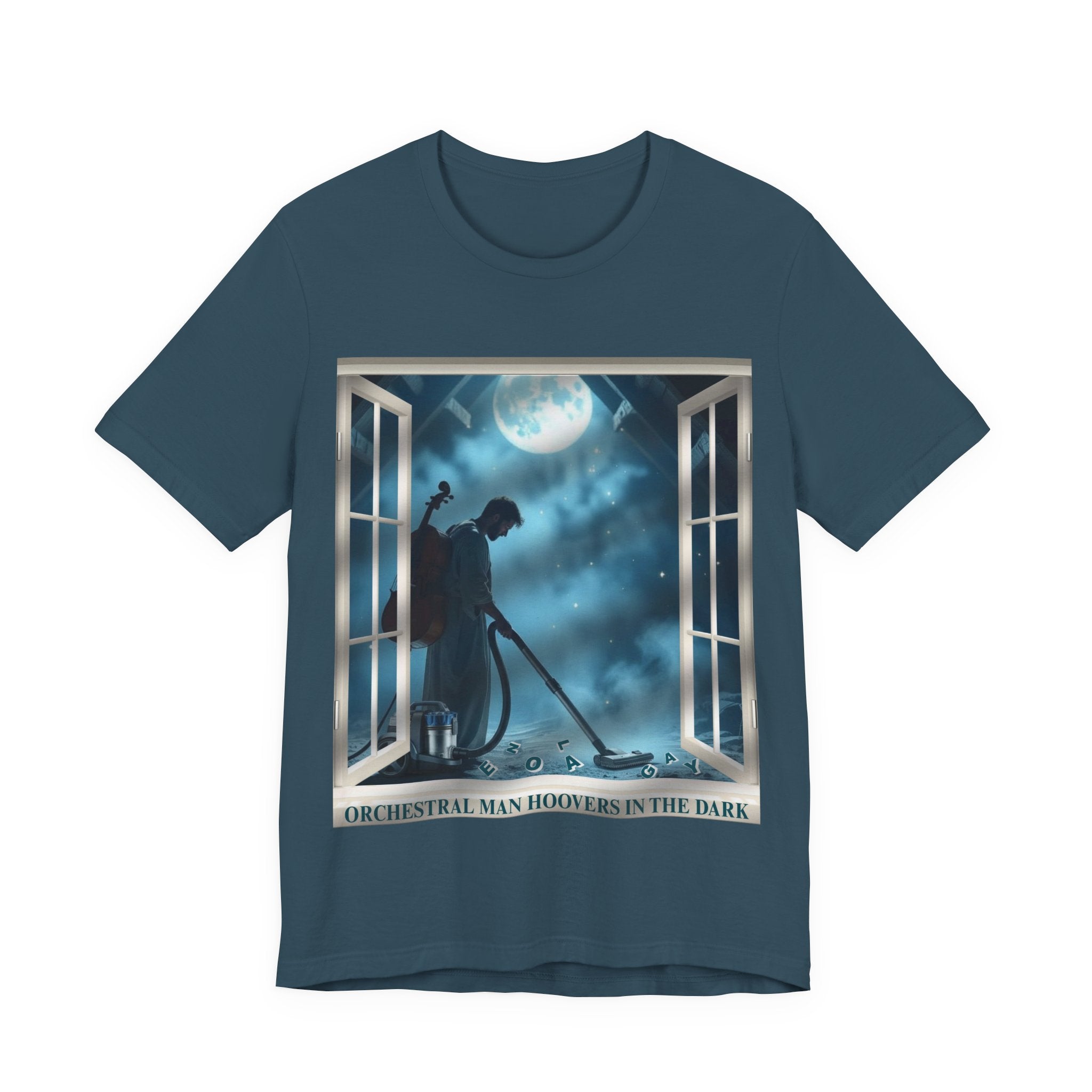 Orchestral Man Hoovers In The Dark T-Shirt - Punny 80s Synth Pop