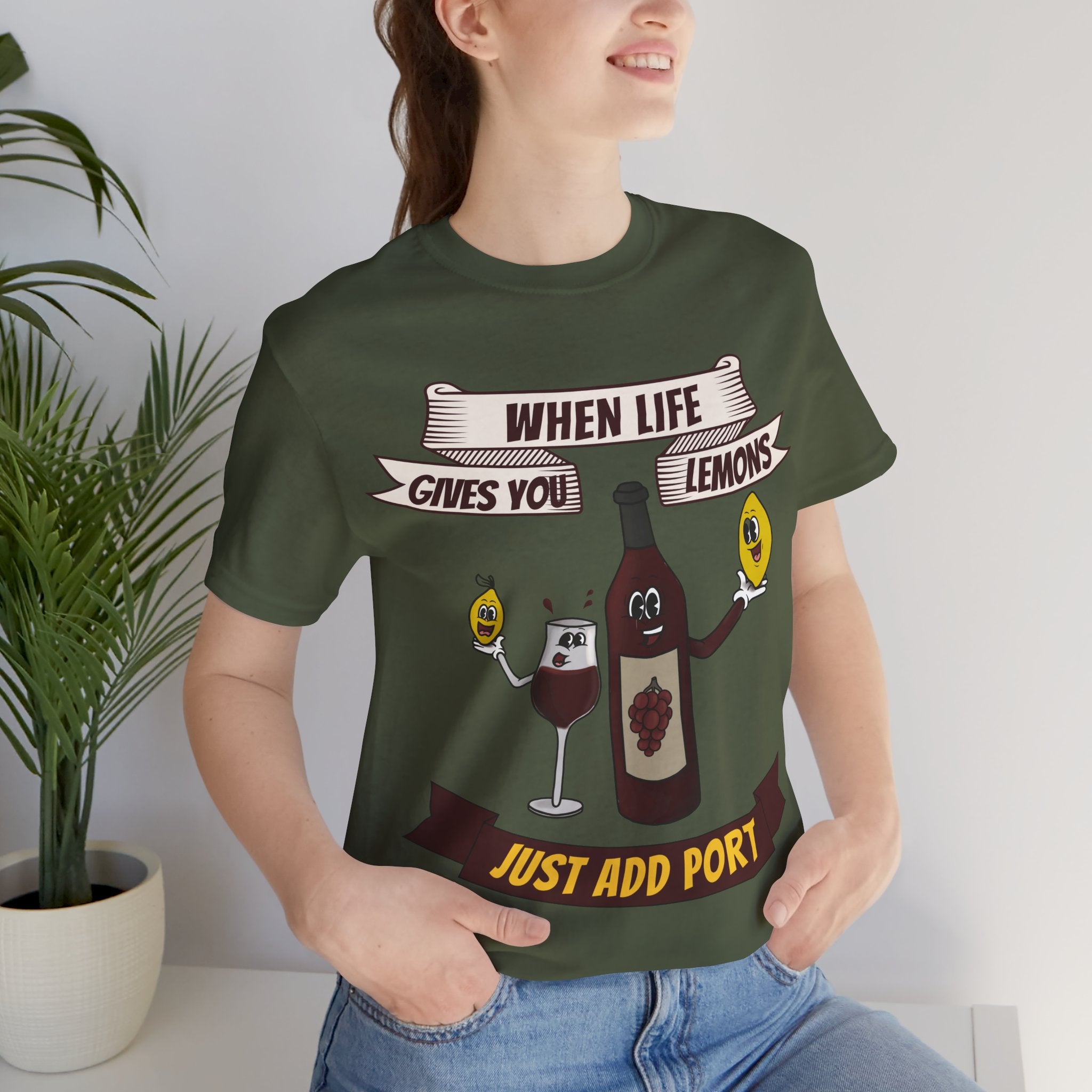When Life Gives You Lemons, Just Add Port T-Shirt: Whimsical Wine Illustration, Humorous Beverage Concept Art