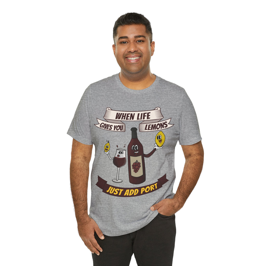 When Life Gives You Lemons, Just Add Port T-Shirt: Whimsical Wine Illustration, Humorous Beverage Concept Art