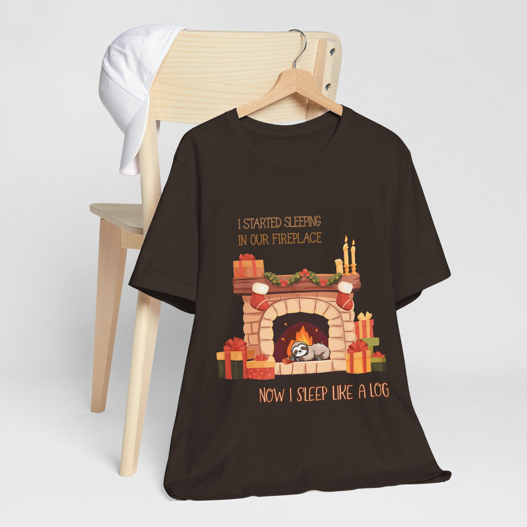 Now I Sleep Like a Log T-Shirt: Cozy Fireplace Slumber, Whimsical Christmas Illustration