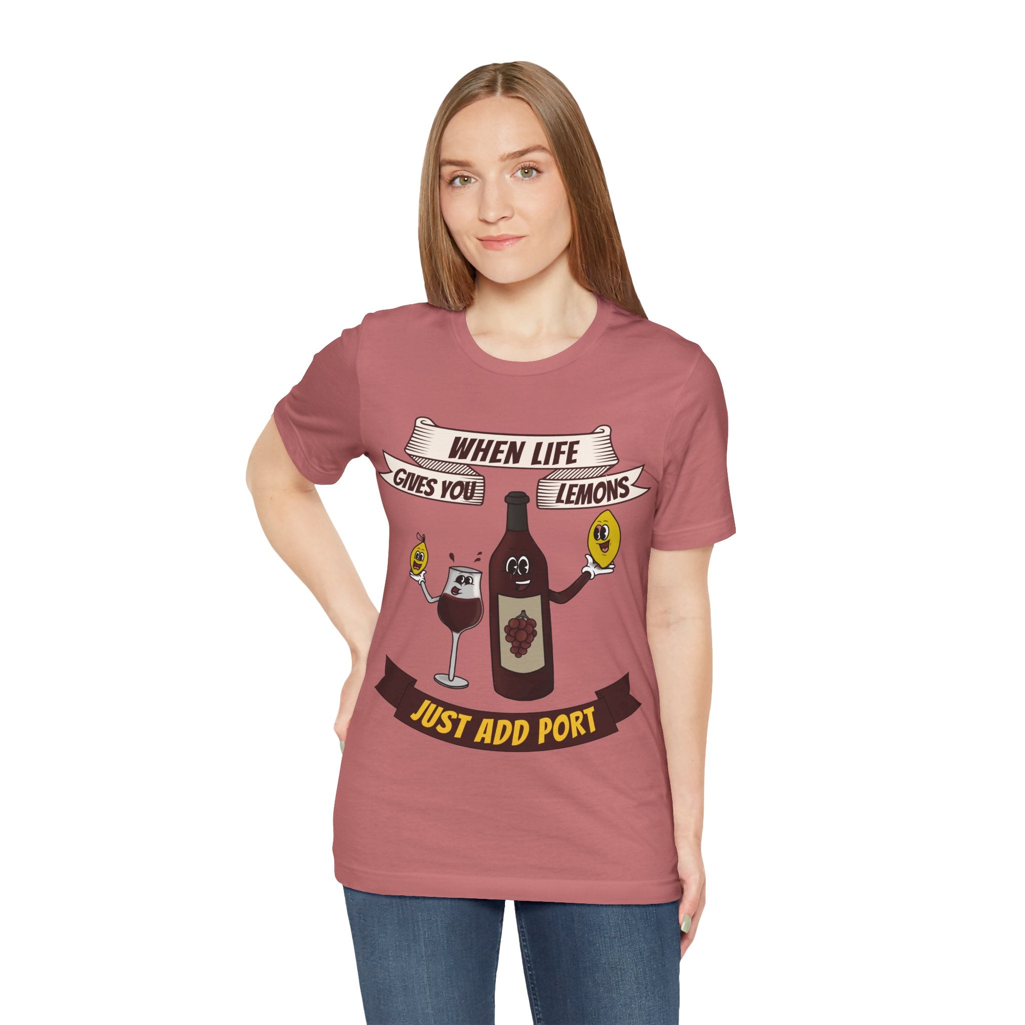 When Life Gives You Lemons, Just Add Port T-Shirt: Whimsical Wine Illustration, Humorous Beverage Concept Art