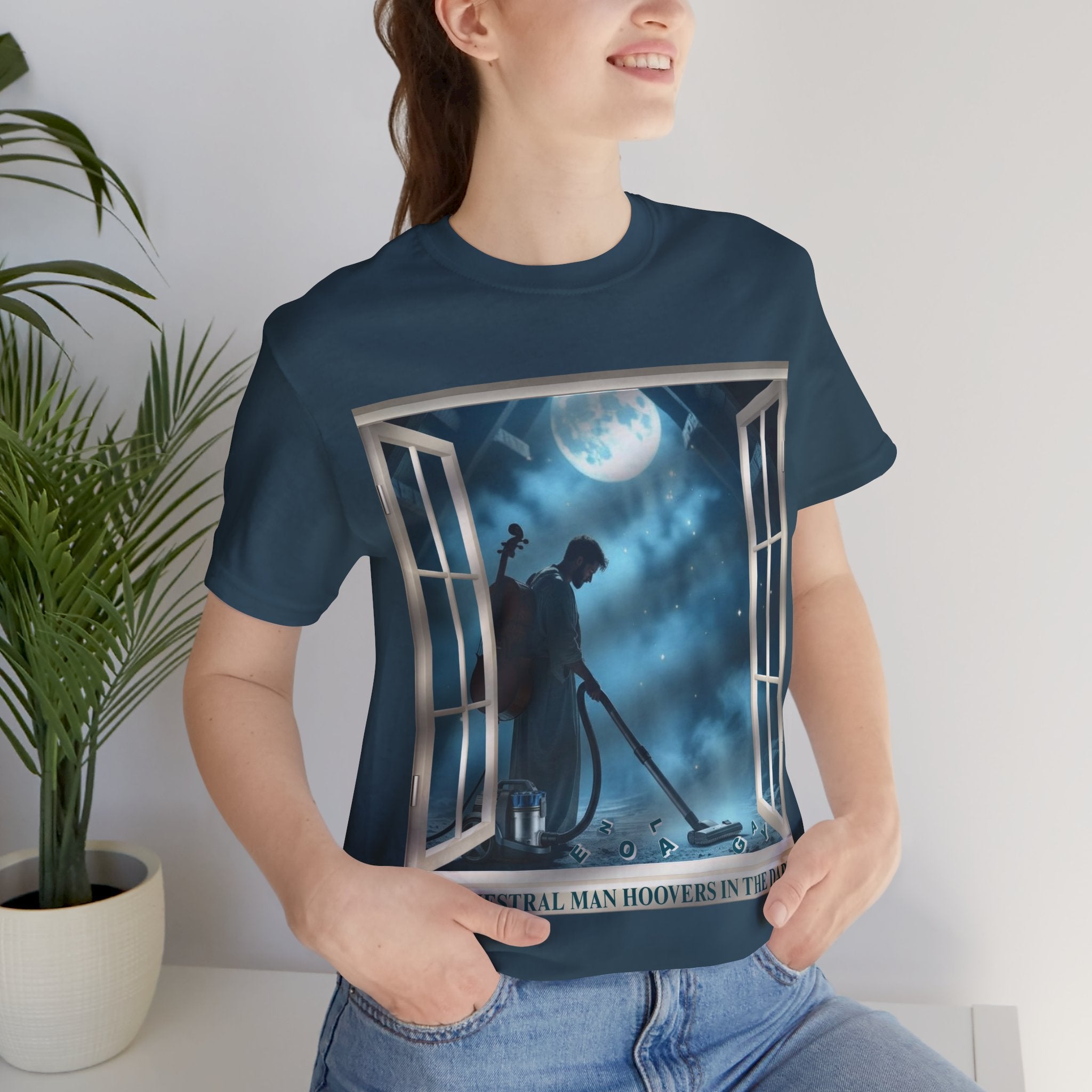 Orchestral Man Hoovers In The Dark T-Shirt - Punny 80s Synth Pop