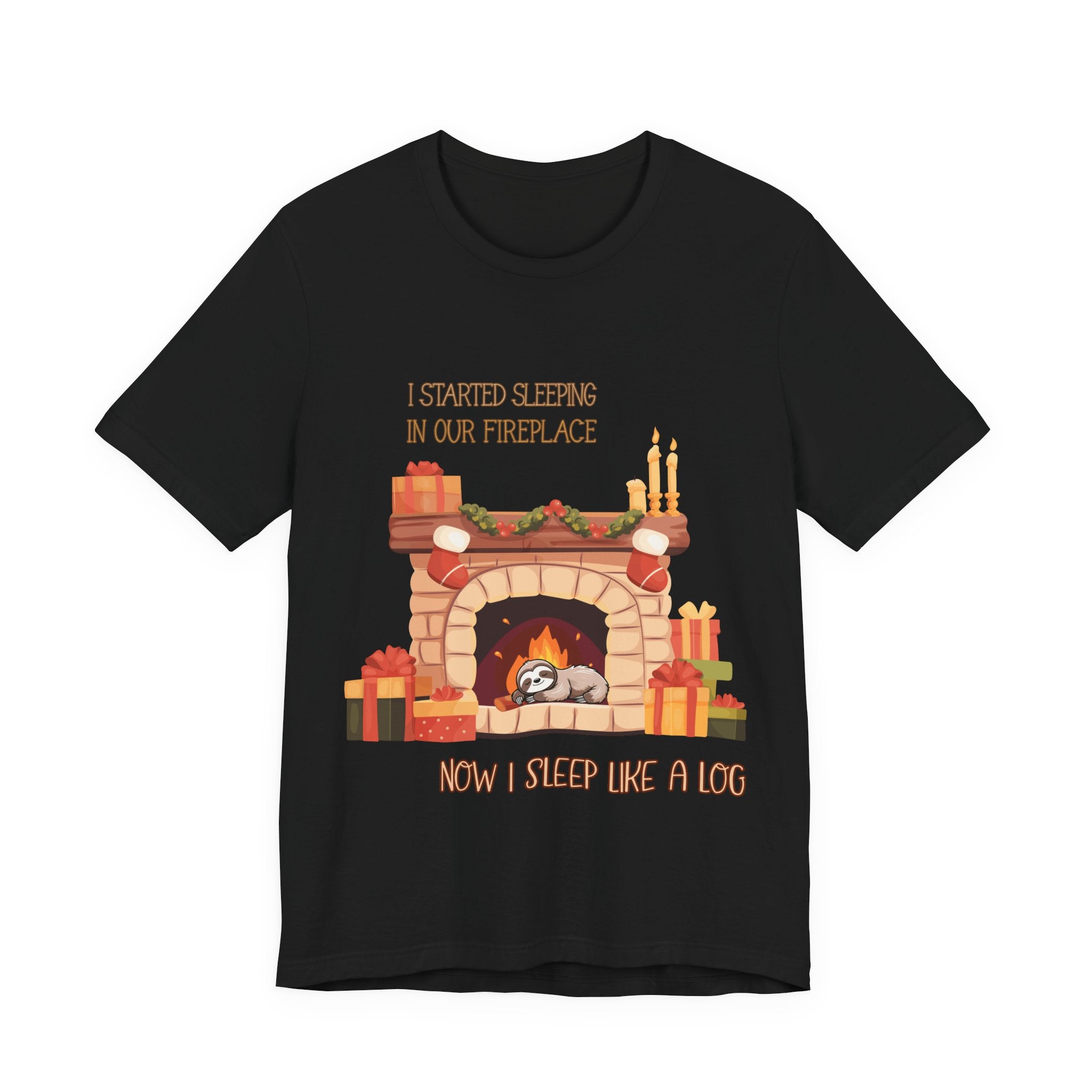Now I Sleep Like a Log T-Shirt: Cozy Fireplace Slumber, Whimsical Christmas Illustration