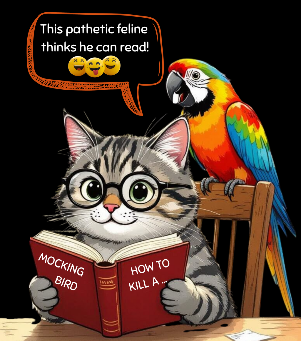 How To Kill A Mockingbird T-Shirt: Literary Mockery, Cat & Parrot