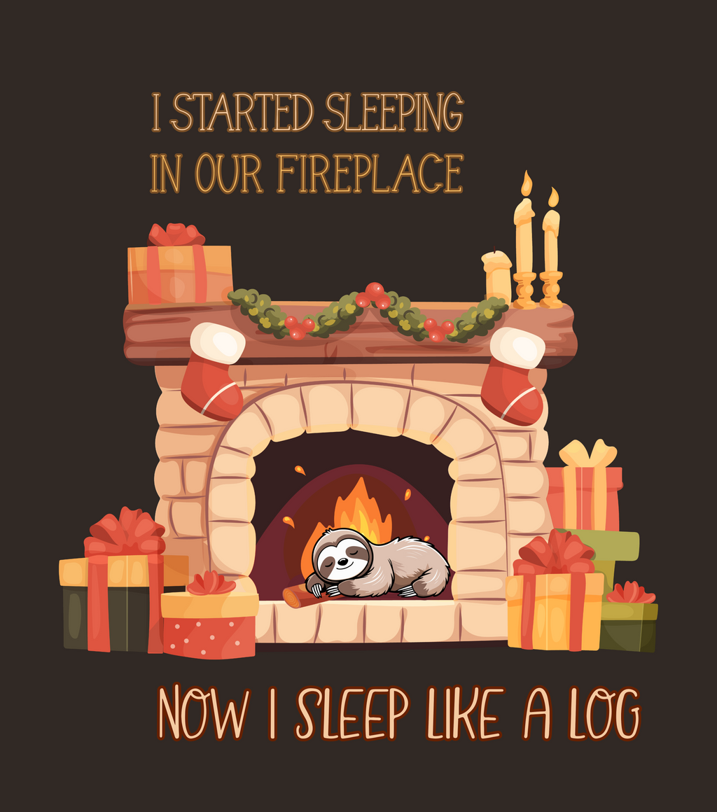 Now I Sleep Like a Log T-Shirt: Cozy Fireplace Slumber, Whimsical Christmas Illustration