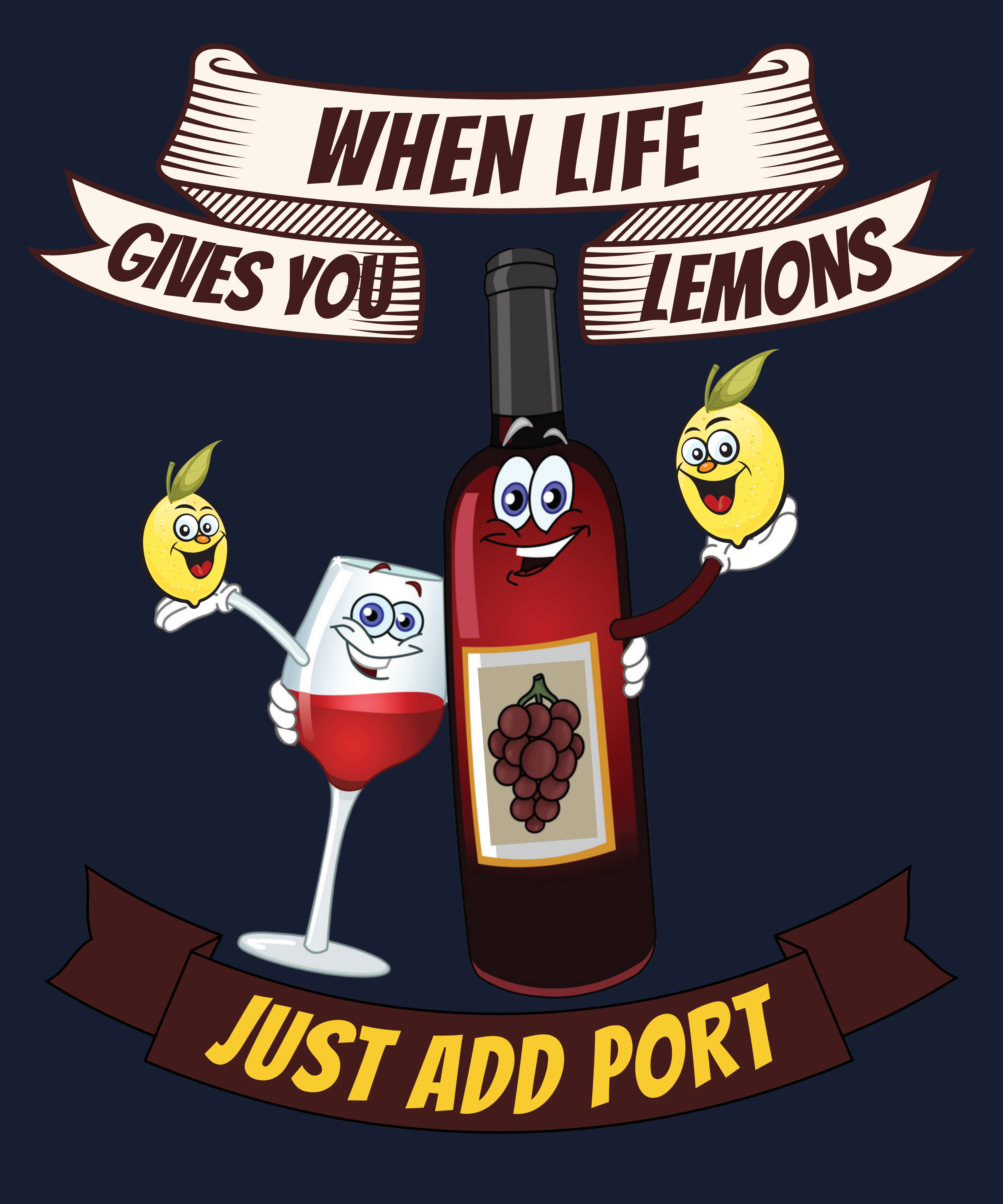 When Life Gives You Lemons, Just Add Port T-Shirt: Whimsical Wine Illustration, Humorous Beverage Concept Art