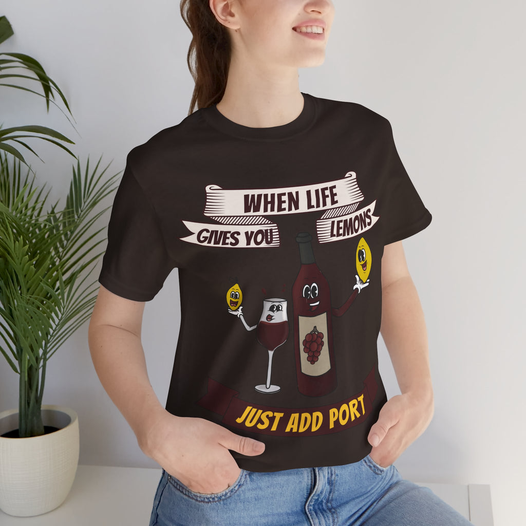 When Life Gives You Lemons, Just Add Port T-Shirt: Whimsical Wine Illustration, Humorous Beverage Concept Art