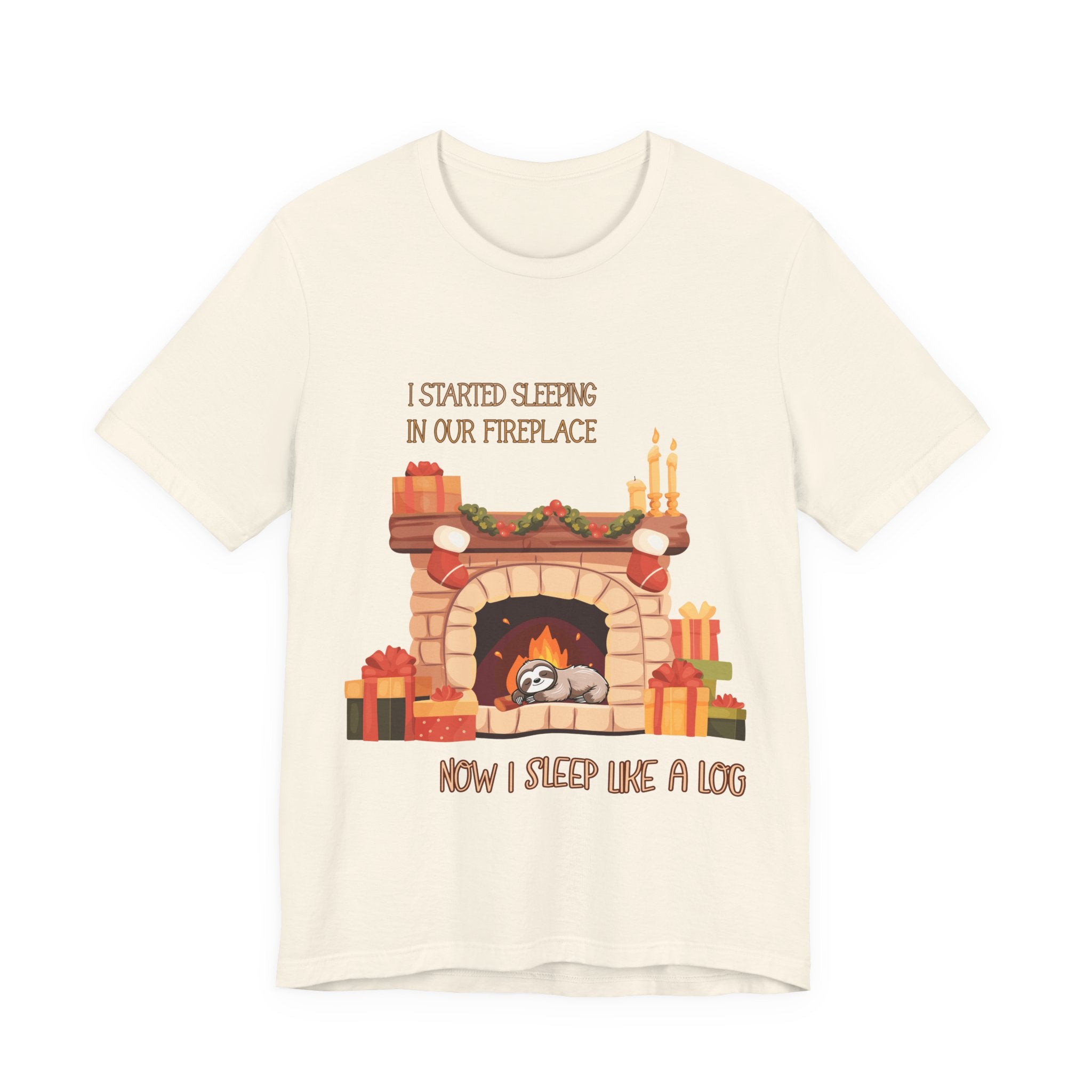 Now I Sleep Like a Log T-Shirt: Cozy Fireplace Slumber, Whimsical Christmas Illustration