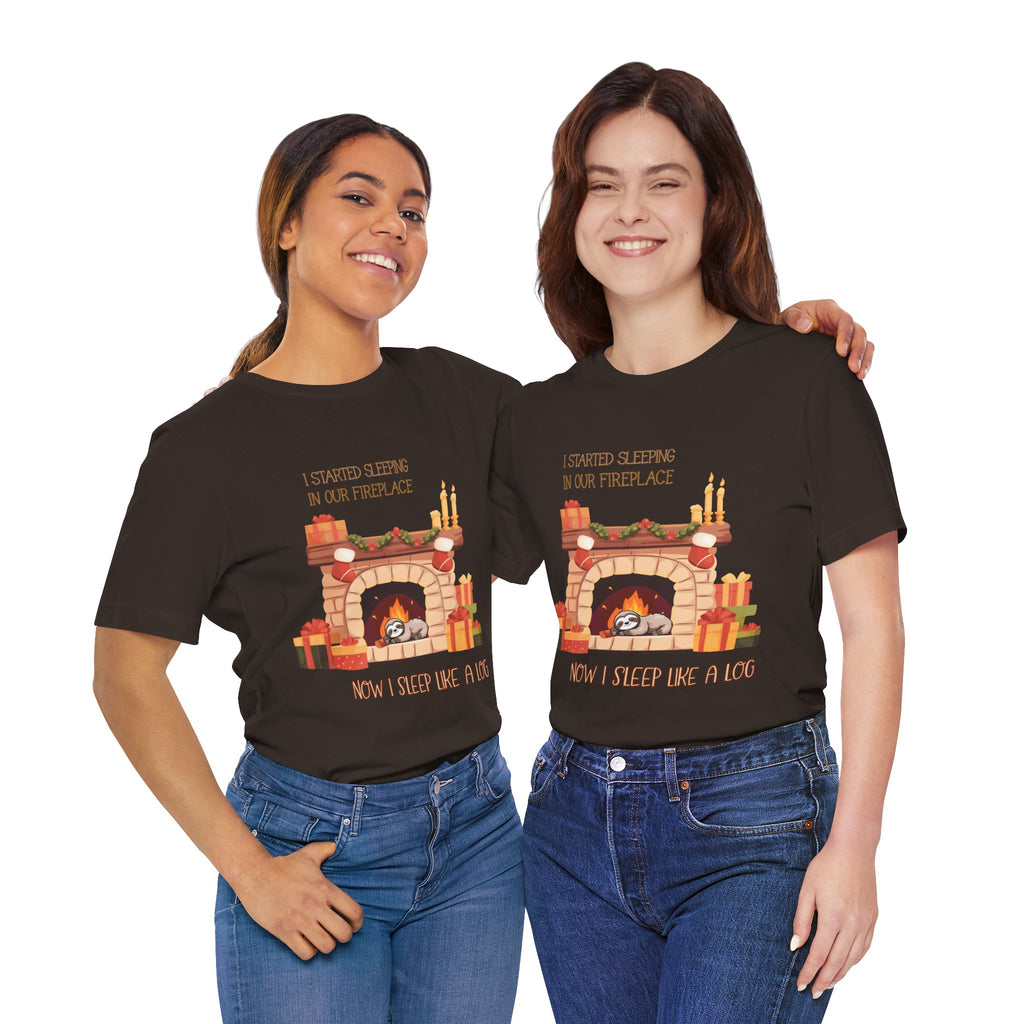 Now I Sleep Like a Log T-Shirt: Cozy Fireplace Slumber, Whimsical Christmas Illustration