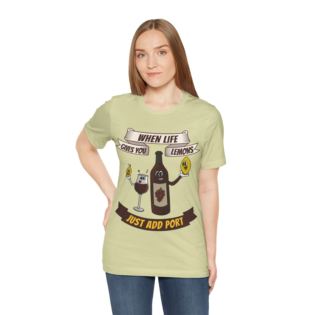 When Life Gives You Lemons, Just Add Port T-Shirt: Whimsical Wine Illustration, Humorous Beverage Concept Art