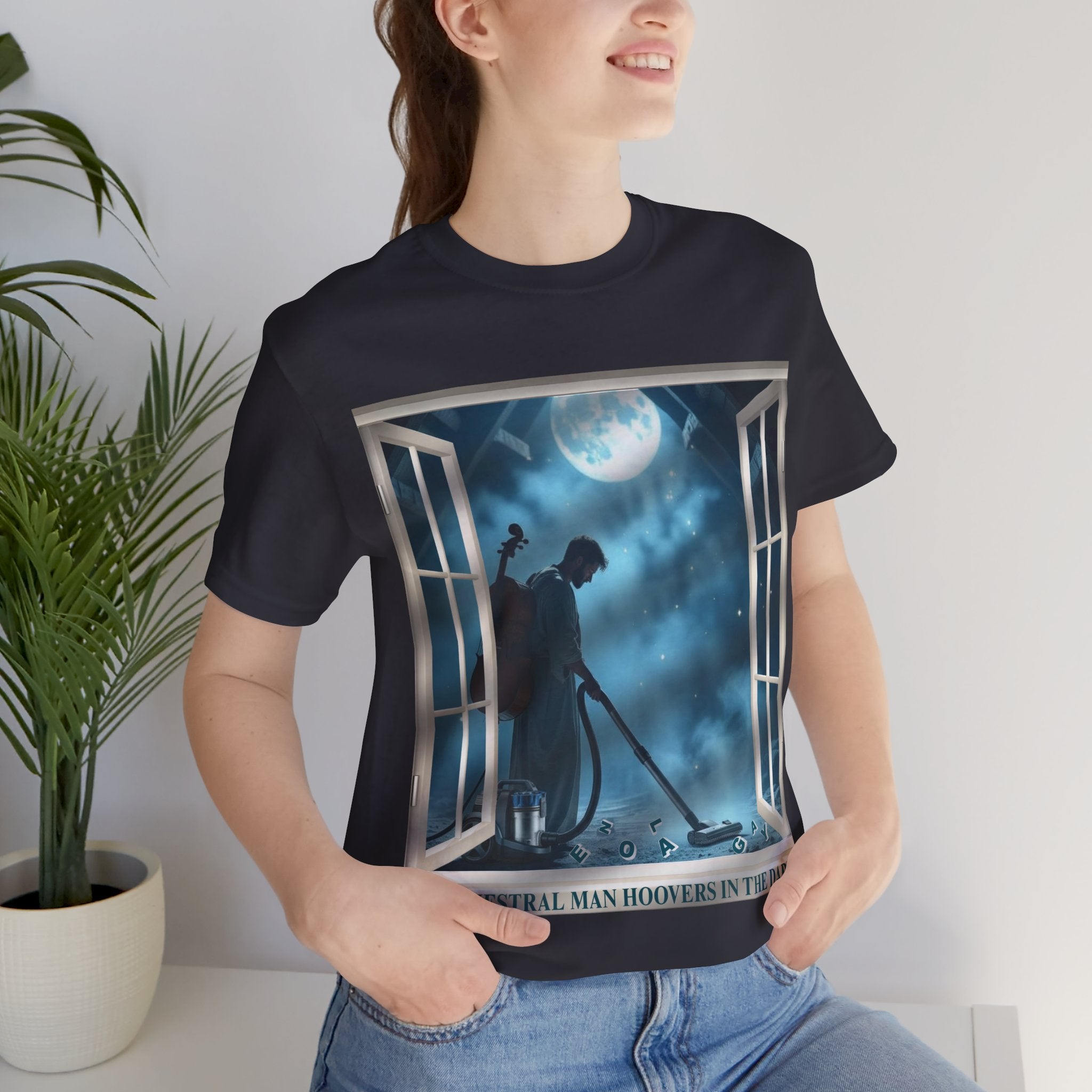 Orchestral Man Hoovers In The Dark T-Shirt - Punny 80s Synth Pop