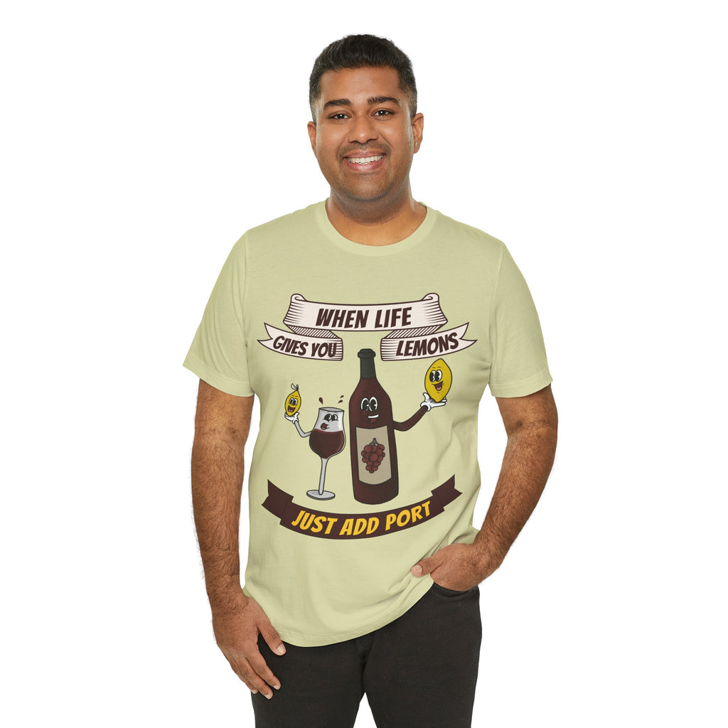 When Life Gives You Lemons, Just Add Port T-Shirt: Whimsical Wine Illustration, Humorous Beverage Concept Art