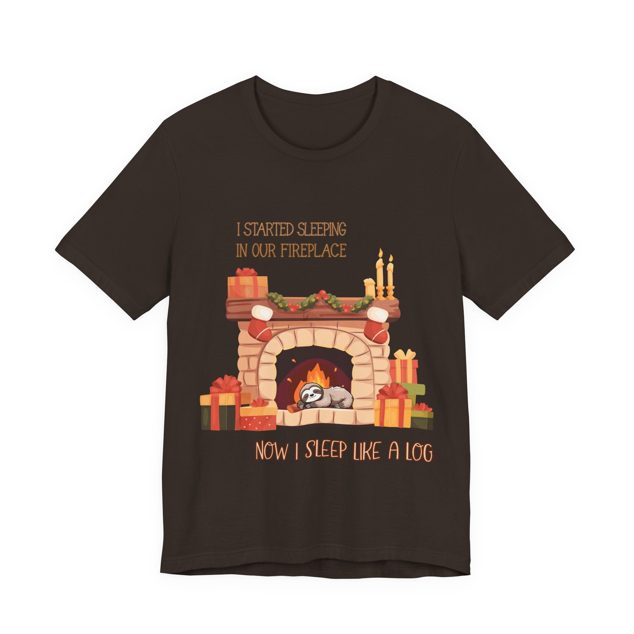 Now I Sleep Like a Log T-Shirt: Cozy Fireplace Slumber, Whimsical Christmas Illustration