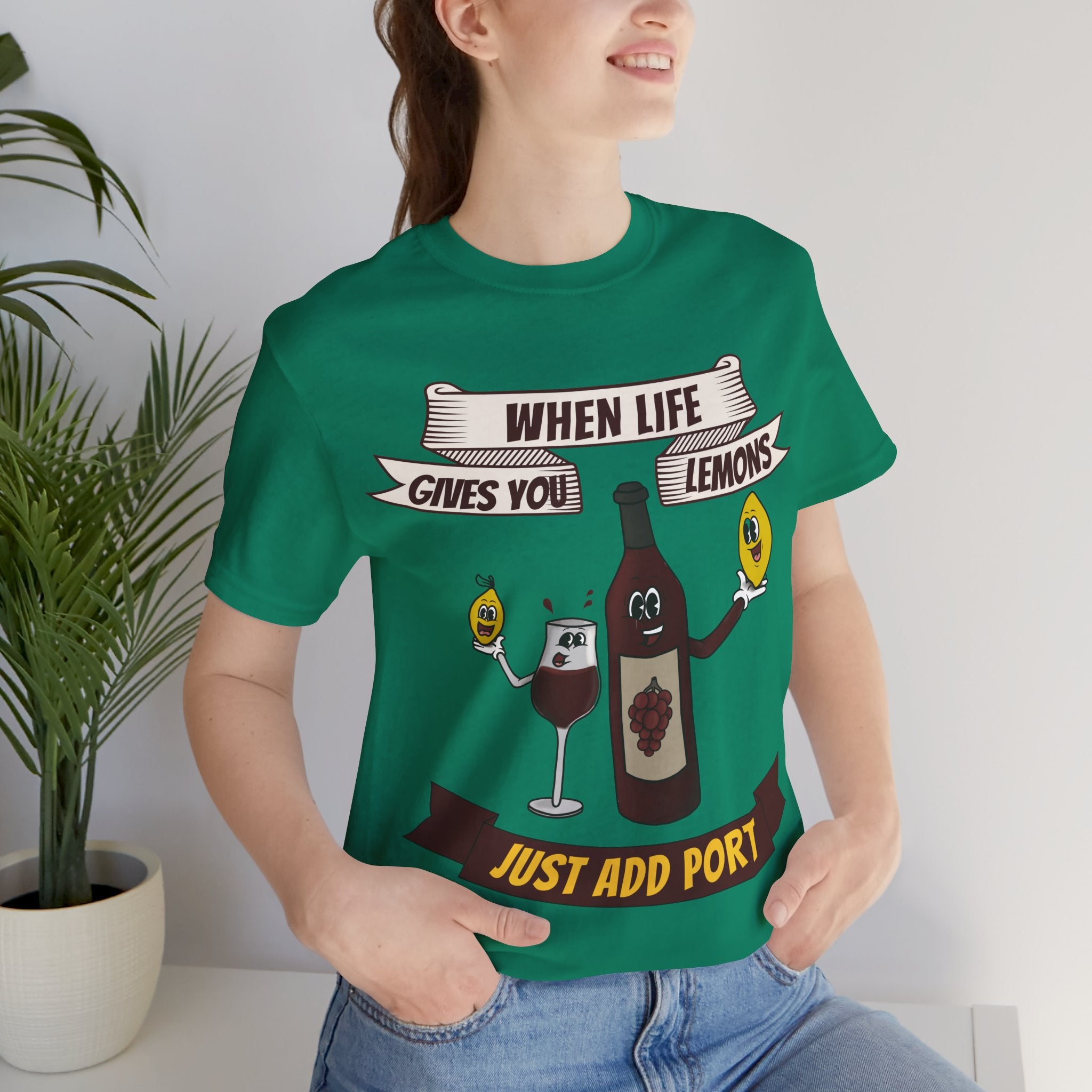 When Life Gives You Lemons, Just Add Port T-Shirt: Whimsical Wine Illustration, Humorous Beverage Concept Art