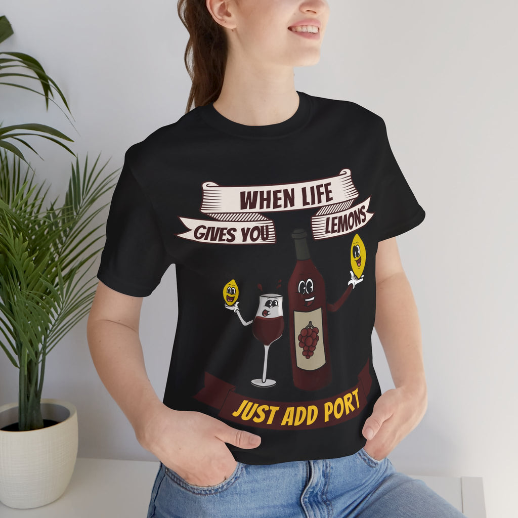 When Life Gives You Lemons, Just Add Port T-Shirt: Whimsical Wine Illustration, Humorous Beverage Concept Art
