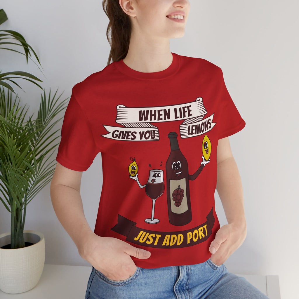When Life Gives You Lemons, Just Add Port T-Shirt: Whimsical Wine Illustration, Humorous Beverage Concept Art