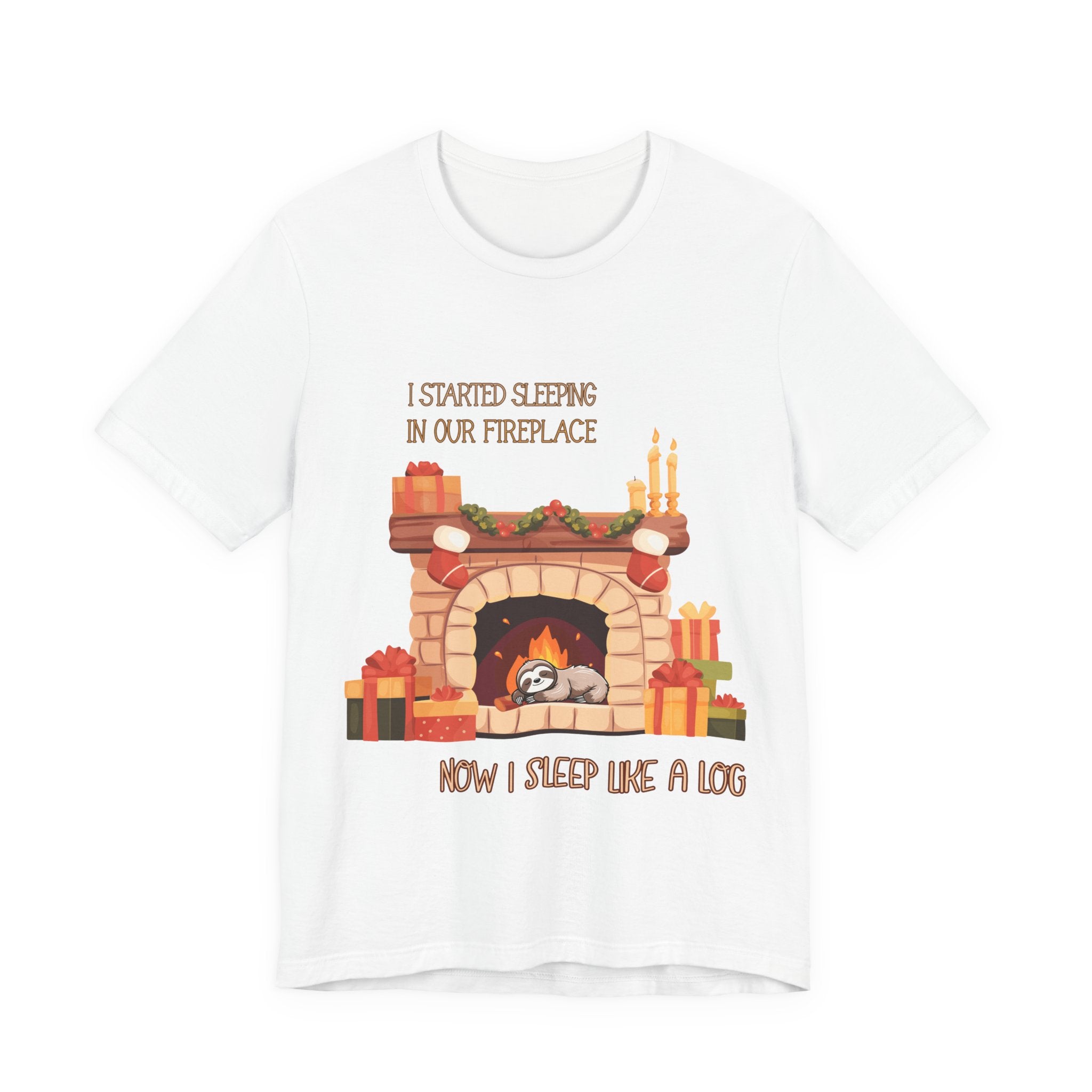 Now I Sleep Like a Log T-Shirt: Cozy Fireplace Slumber, Whimsical Christmas Illustration