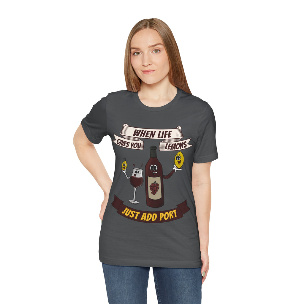 When Life Gives You Lemons, Just Add Port T-Shirt: Whimsical Wine Illustration, Humorous Beverage Concept Art
