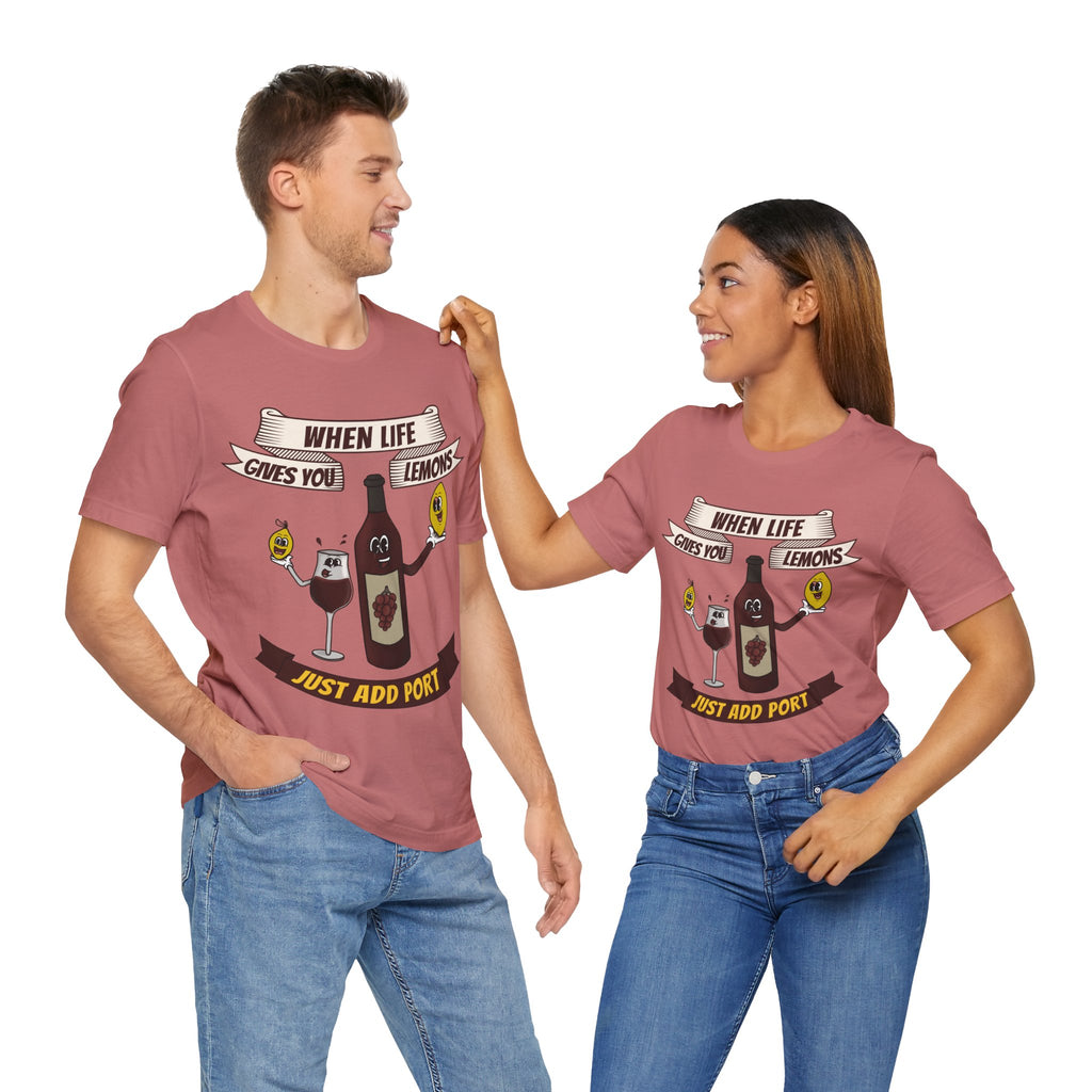 When Life Gives You Lemons, Just Add Port T-Shirt: Whimsical Wine Illustration, Humorous Beverage Concept Art