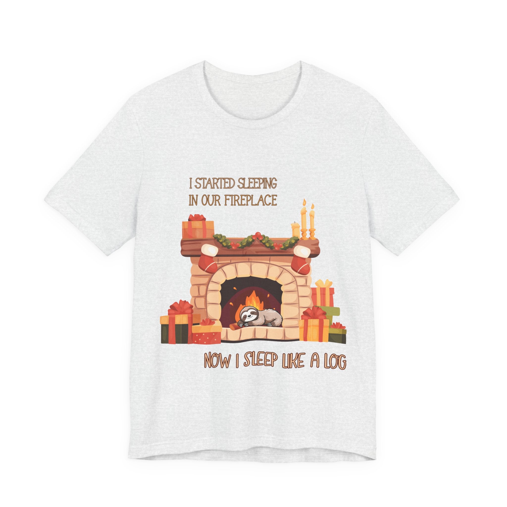 Now I Sleep Like a Log T-Shirt: Cozy Fireplace Slumber, Whimsical Christmas Illustration