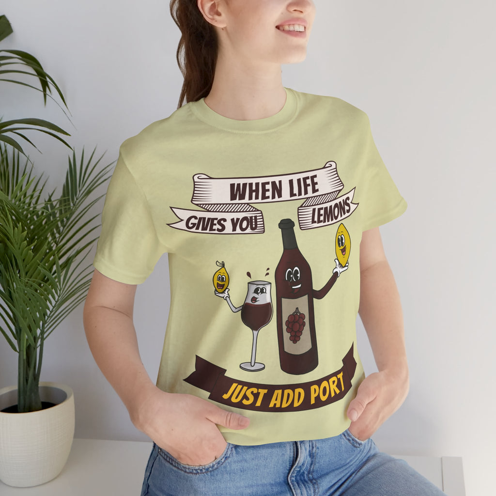 When Life Gives You Lemons, Just Add Port T-Shirt: Whimsical Wine Illustration, Humorous Beverage Concept Art