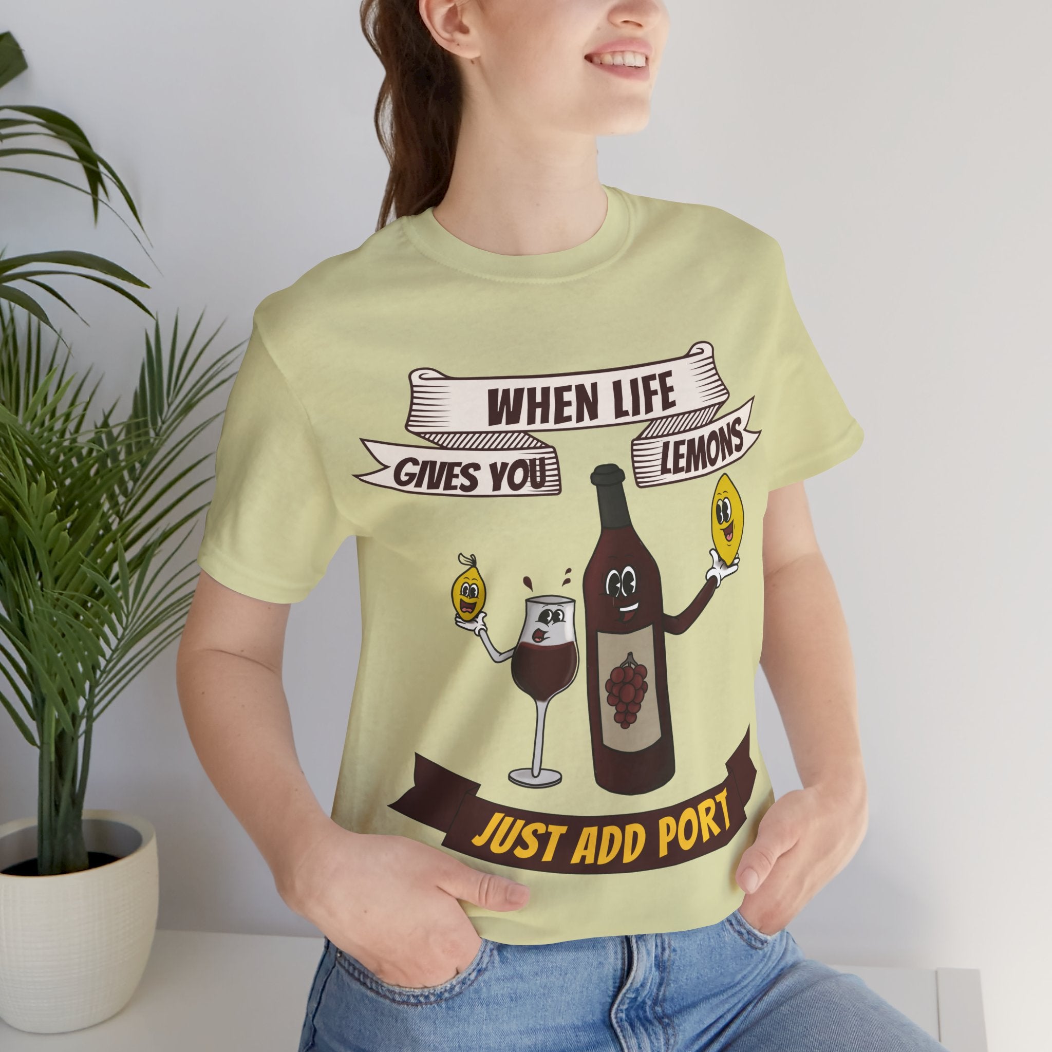 When Life Gives You Lemons, Just Add Port T-Shirt: Whimsical Wine Illustration, Humorous Beverage Concept Art
